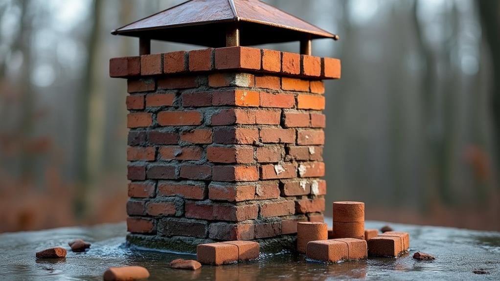 A brick chimney with a damaged cap and bricks scattered around the base.