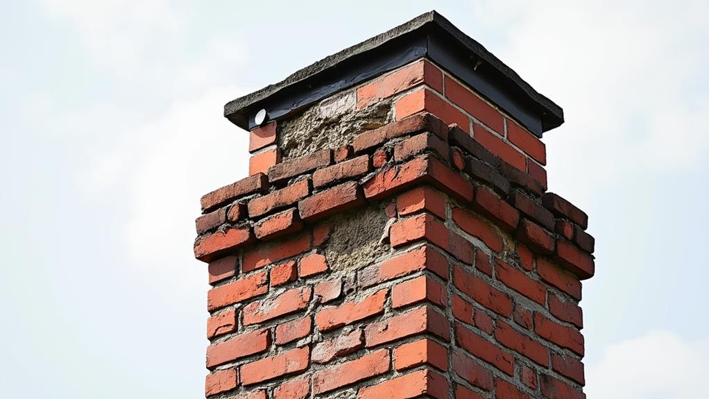 A brick chimney with visible cracks and damage.