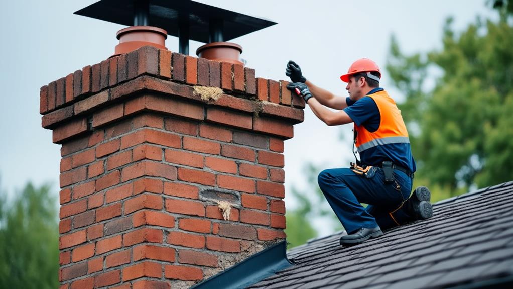 A brick chimney with visible cracks and damage.