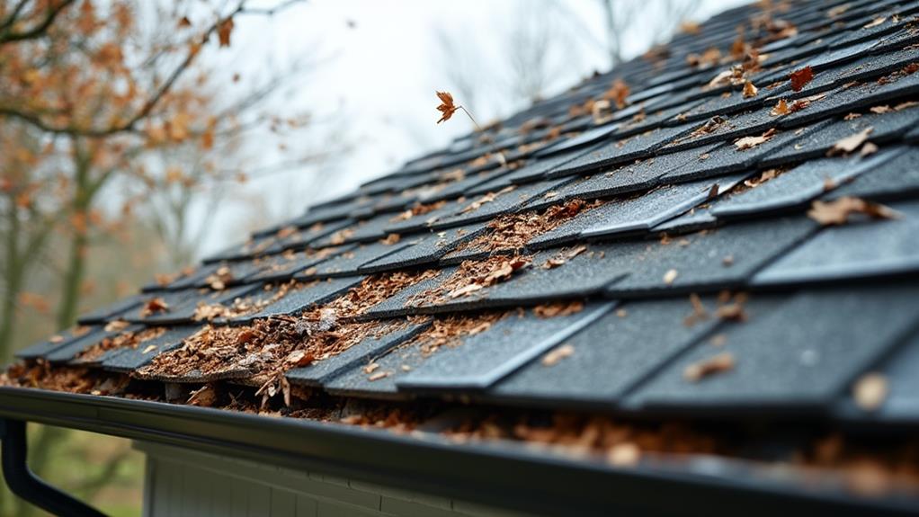 A roof covered in fallen leaves and debris.