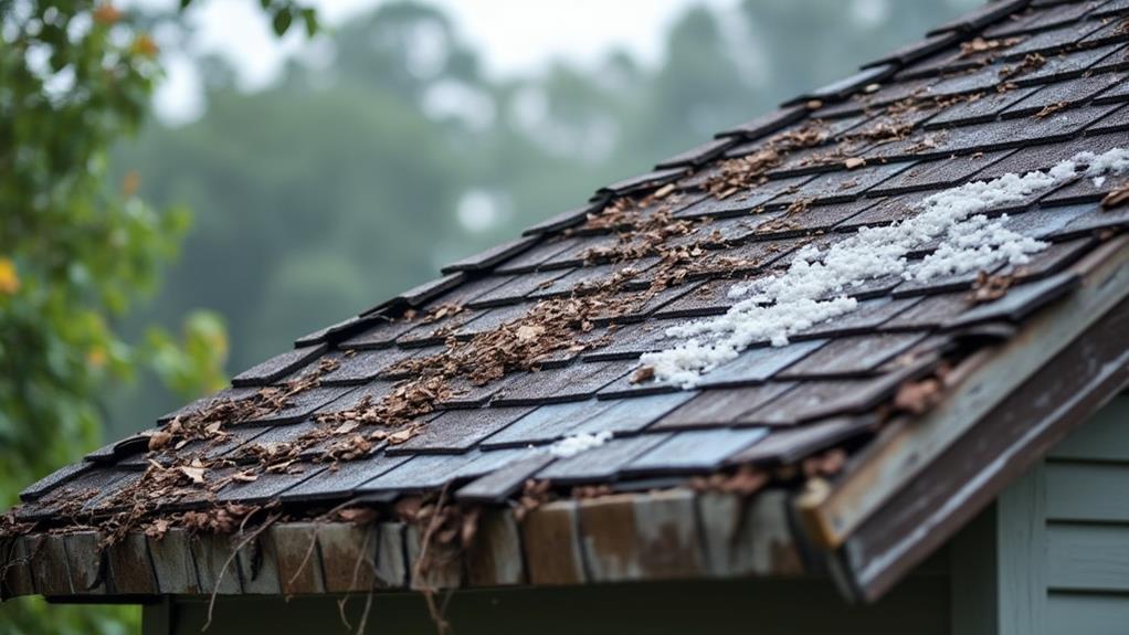 A damaged roof with missing shingles and debris.