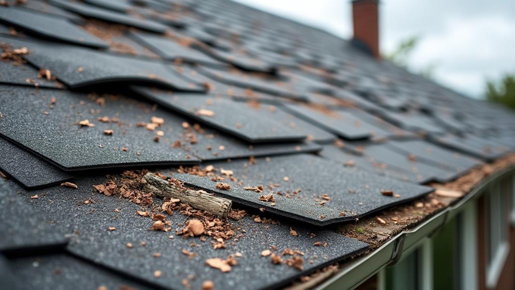 A damaged roof with missing shingles.